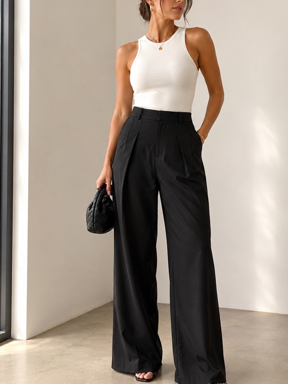Commense Black Wide Leg Pleated Trousers Size M